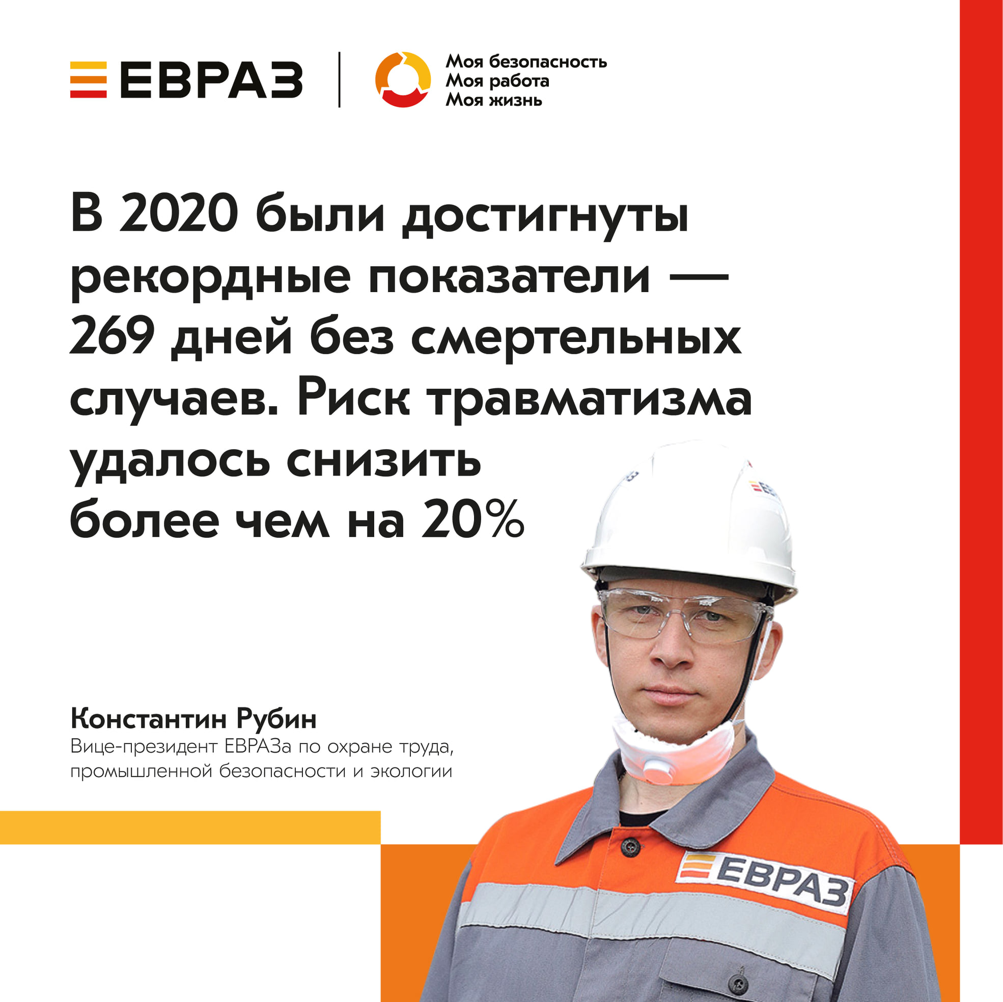 Ist möglicherweise ein Bild von 1 Person und Text „евраз моя безопасность моя работа моя жизнь в 2020 были достигнуты рекордные показатели 269 дней без смертельных случаев. риск травматизма удалось снизить более чем на 20% константин рубин вице-президент евраза охране труда, промышленной безопасности экологии евраз“